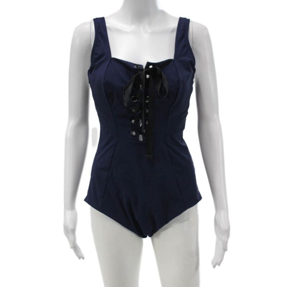Amoressa Womens Retro Solid Blue Nylon One Piece Swimwear Size 14